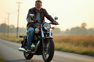 Homme d'âge moyen en jeans et cuir sur une moto classique