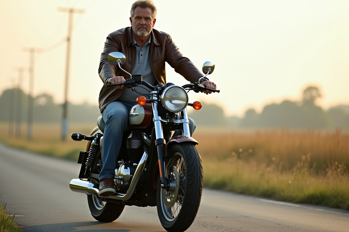Homme d'âge moyen en jeans et cuir sur une moto classique