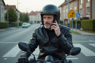 Homme en moto casque et veste noire au téléphone