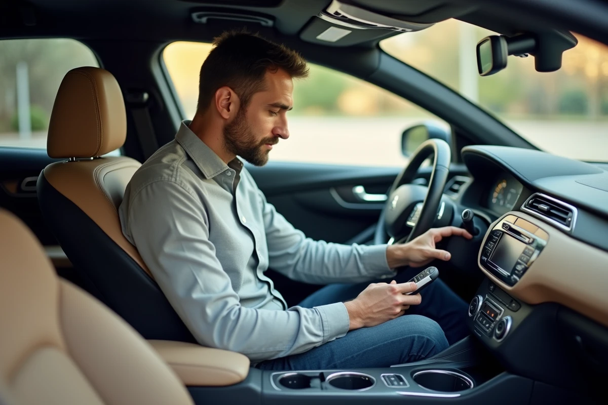 Homme examinant l'écran tactile de la Peugeot 308 depuis le siège passager, intérieur cuir beige avec options premium