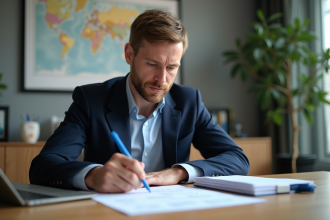 Homme d'âge moyen remplissant un document de véhicule