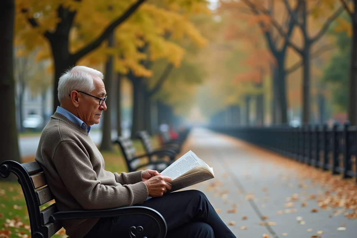 Homme âgé assis sur un banc dans un parc en automne