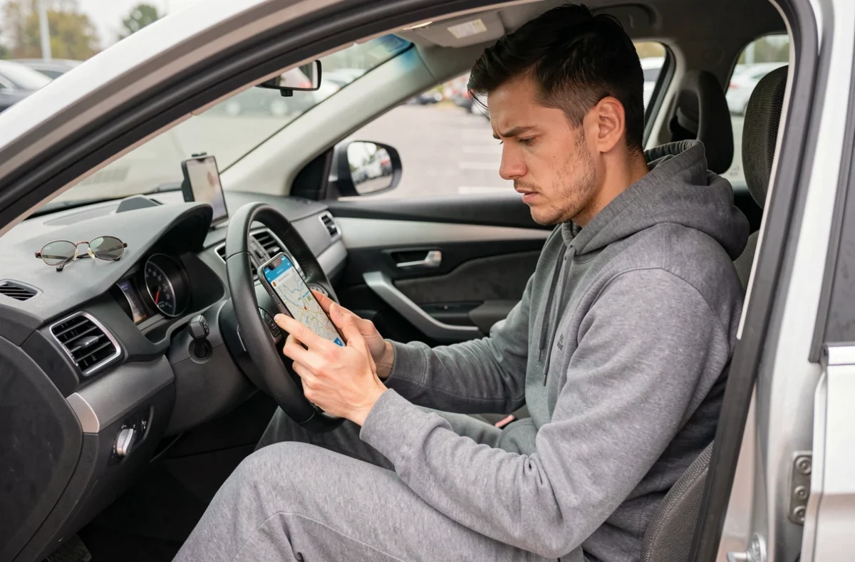 Homme consultant un itinéraire de road trip sur smartphone depuis le siège conducteur avant un départ improvisé
