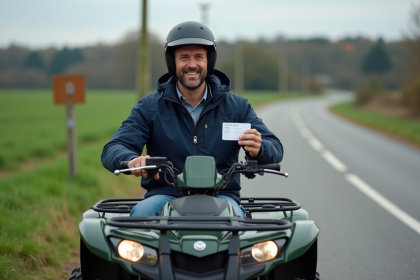 Homme souriant avec permis en main sur quad en campagne