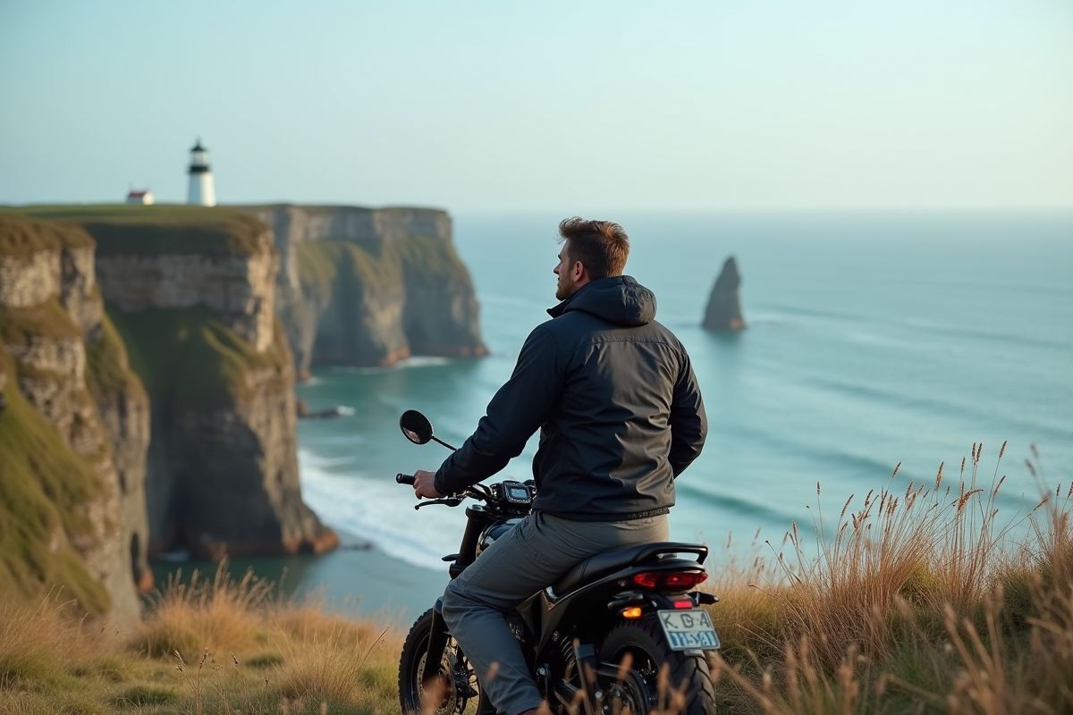 Homme en moto électrique sur une falaise en Bretagne