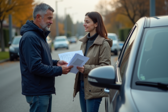 Homme d'âge moyen remet des papiers de voiture à une jeune femme