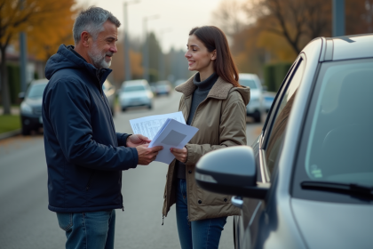 Homme d'âge moyen remet des papiers de voiture à une jeune femme