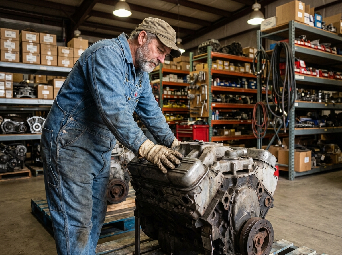 Homme en overalls examine un moteur de voiture dans un entrepôt