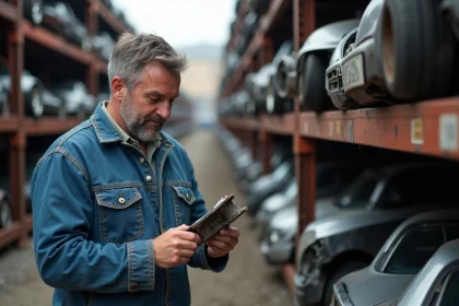 Homme en denim inspectant une pièce auto dans un salvage