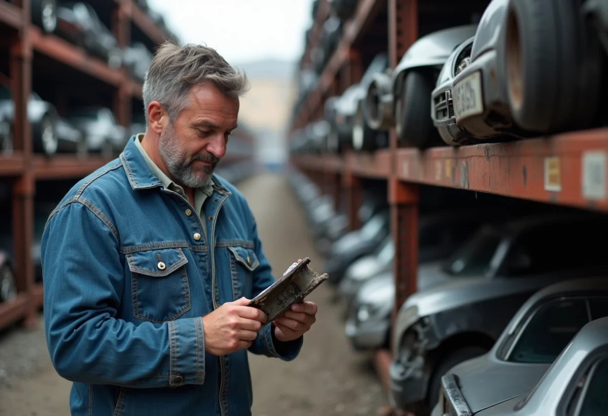 Homme en denim inspectant une pièce auto dans un salvage