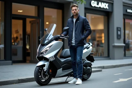 Homme en veste navy avec scooter TMAX 2026 en ville