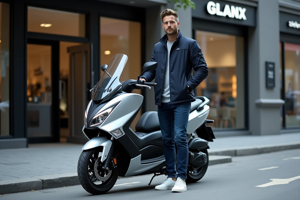 Homme en veste navy avec scooter TMAX 2026 en ville