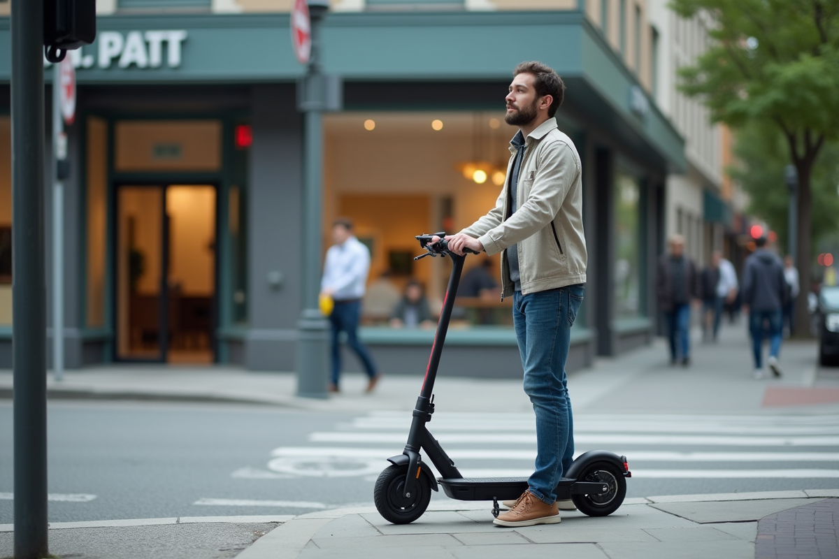 Homme en jean et veste regardant un panneau de rue en ville