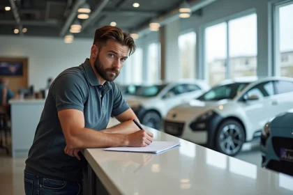 Homme signant un contrat de location de voiture dans une agence moderne