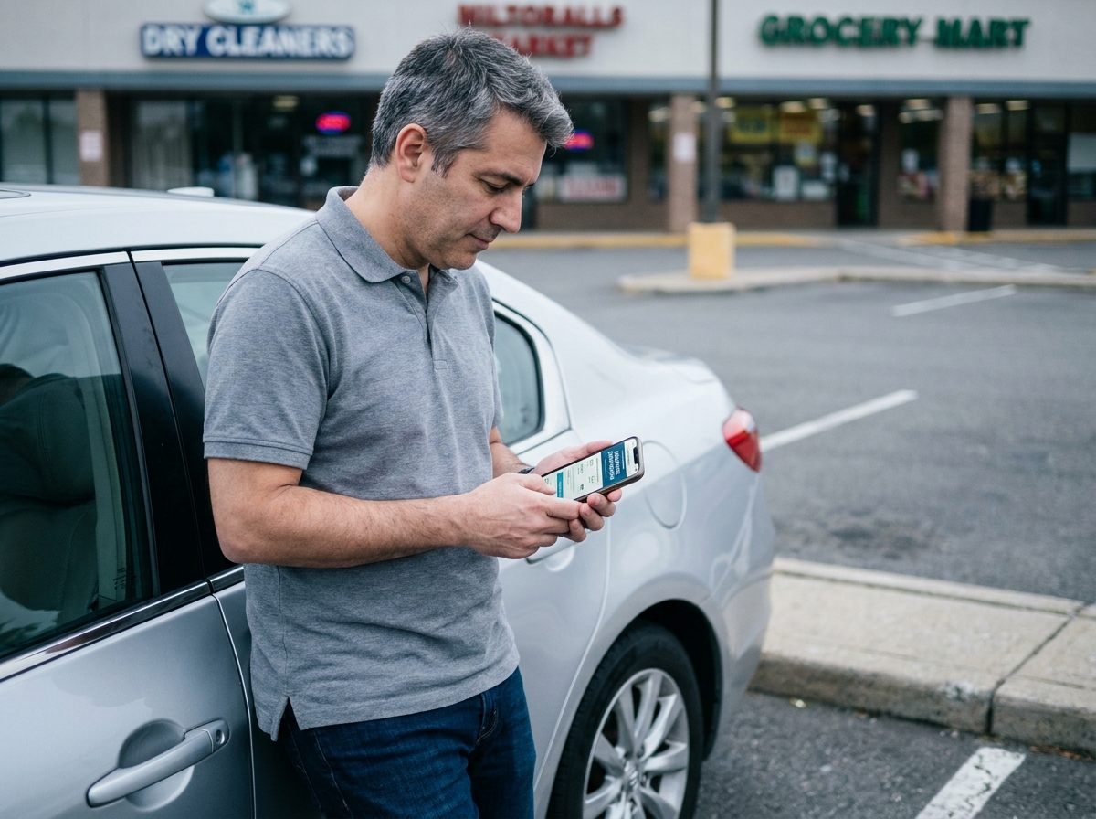 Homme consultant une application de comparaison d'assurance auto à côté de sa voiture