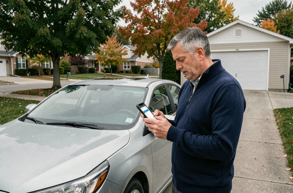 Homme utilisant un smartphone pour comparer des assurances auto à côté de sa voiture dans une allée résidentielle