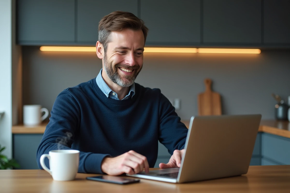 Homme souriant utilisant un ordinateur dans une cuisine moderne