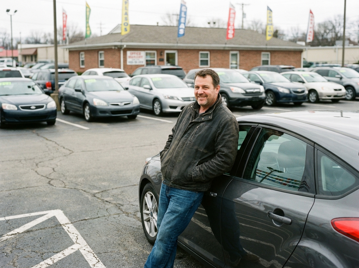 Homme souriant à côté d'une voiture d'occasion dans un concessionnaire