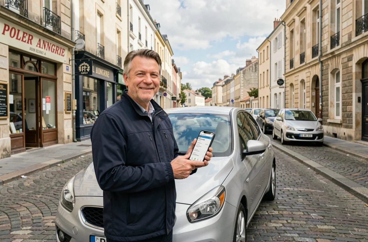 Homme consultant son téléphone pour une assurance auto devant sa voiture dans une rue de Pau