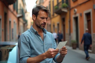 Homme tenant un PV de stationnement dans une rue italienne pavée, vérifiant la validité de l'amende