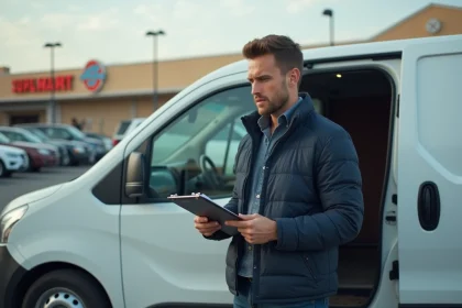 Homme vérifiant un van de location dans un parking de supermarche
