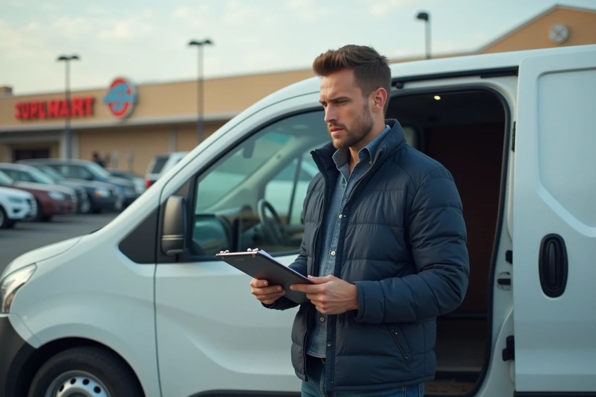 Homme vérifiant un van de location dans un parking de supermarche