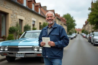 Homme avec voiture ancienne Impala 1967 en rue française