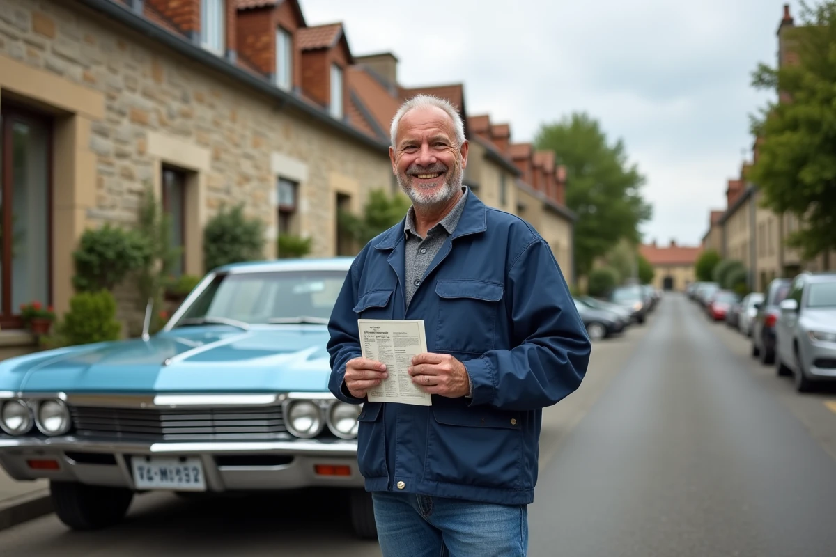 Homme avec voiture ancienne Impala 1967 en rue française