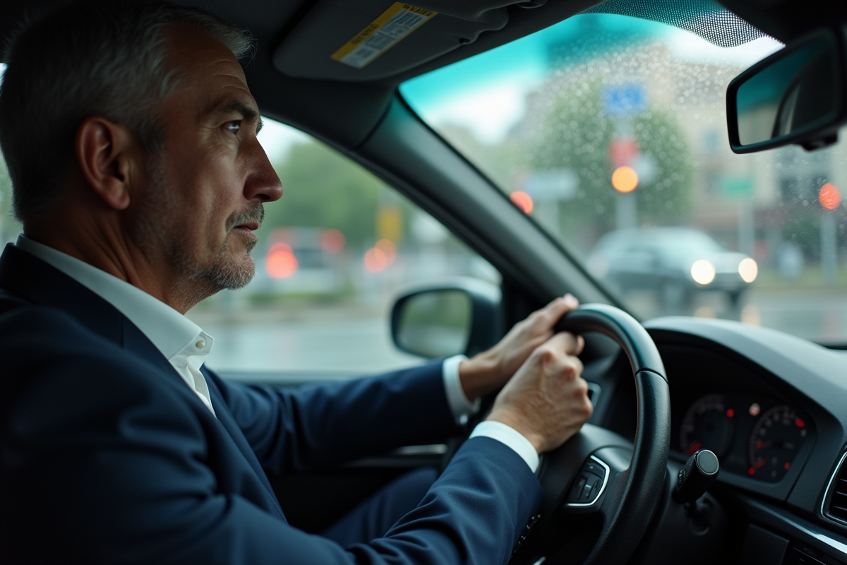 Homme d'âge moyen dans sa voiture regardant pensivement
