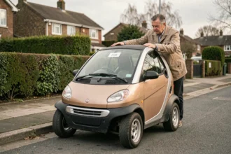 Homme examinant une voiture sans permis 4 places d'occasion garée dans une rue résidentielle avec affichage de prix