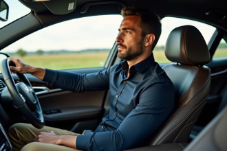 Homme en voiture de luxe en conduite détendue
