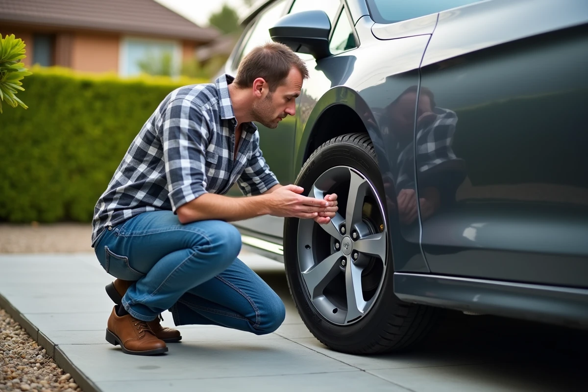 Homme moyenâgeux examine suspension voiture dans la cour