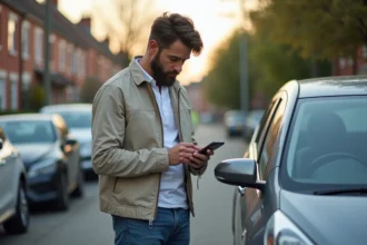 Homme en jean examine une voiture compacte en ville