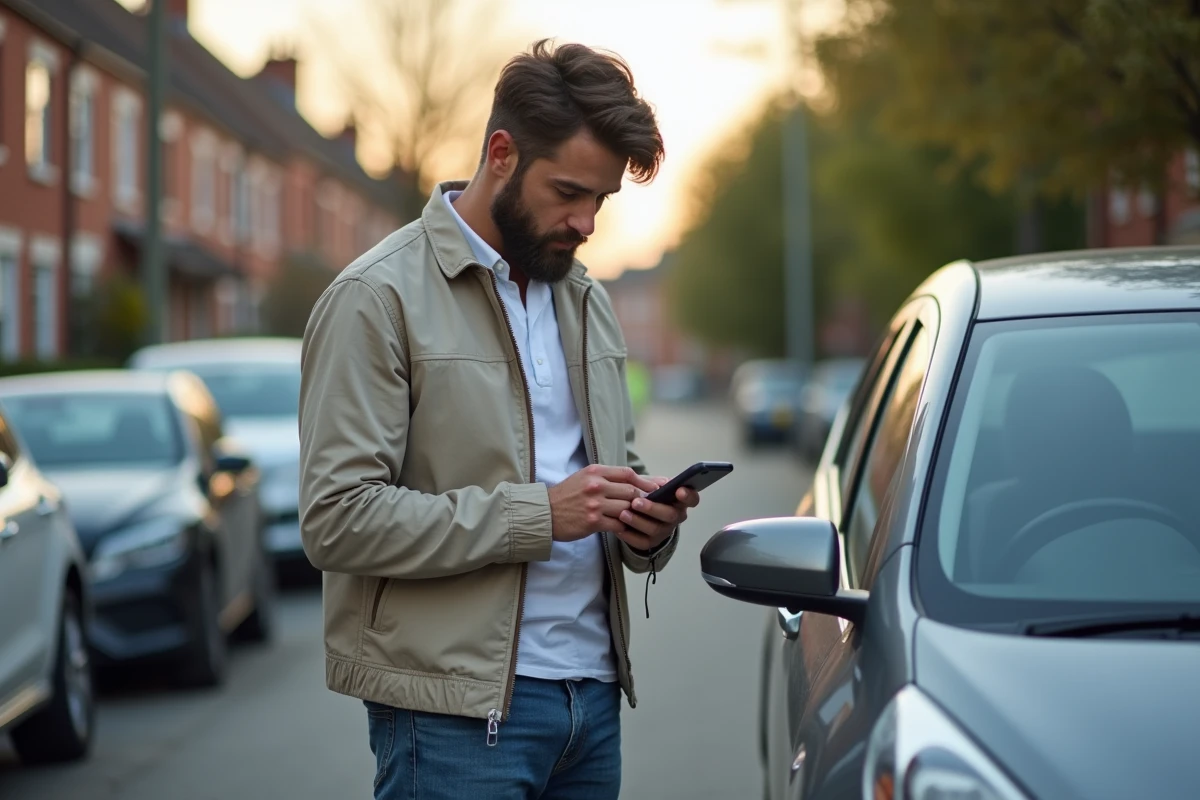 Homme en jean examine une voiture compacte en ville