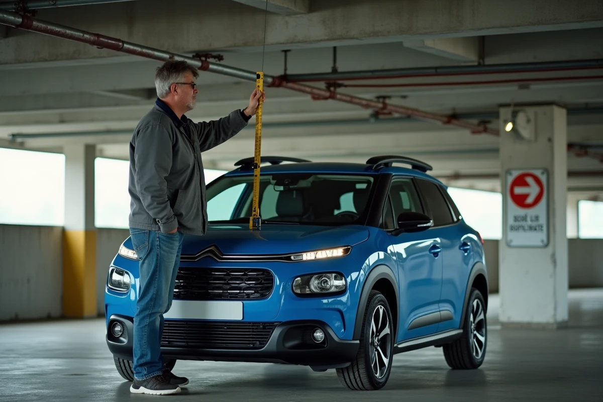 Homme inspectant une voiture Citroën dans un parking souterrain