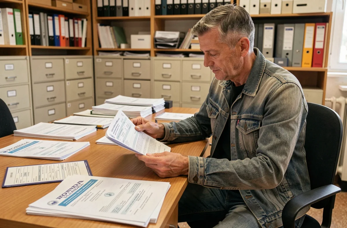 Propriétaire de moto examinant les documents d'immatriculation d'une Honda XLV750R importée dans un bureau de préfecture en France