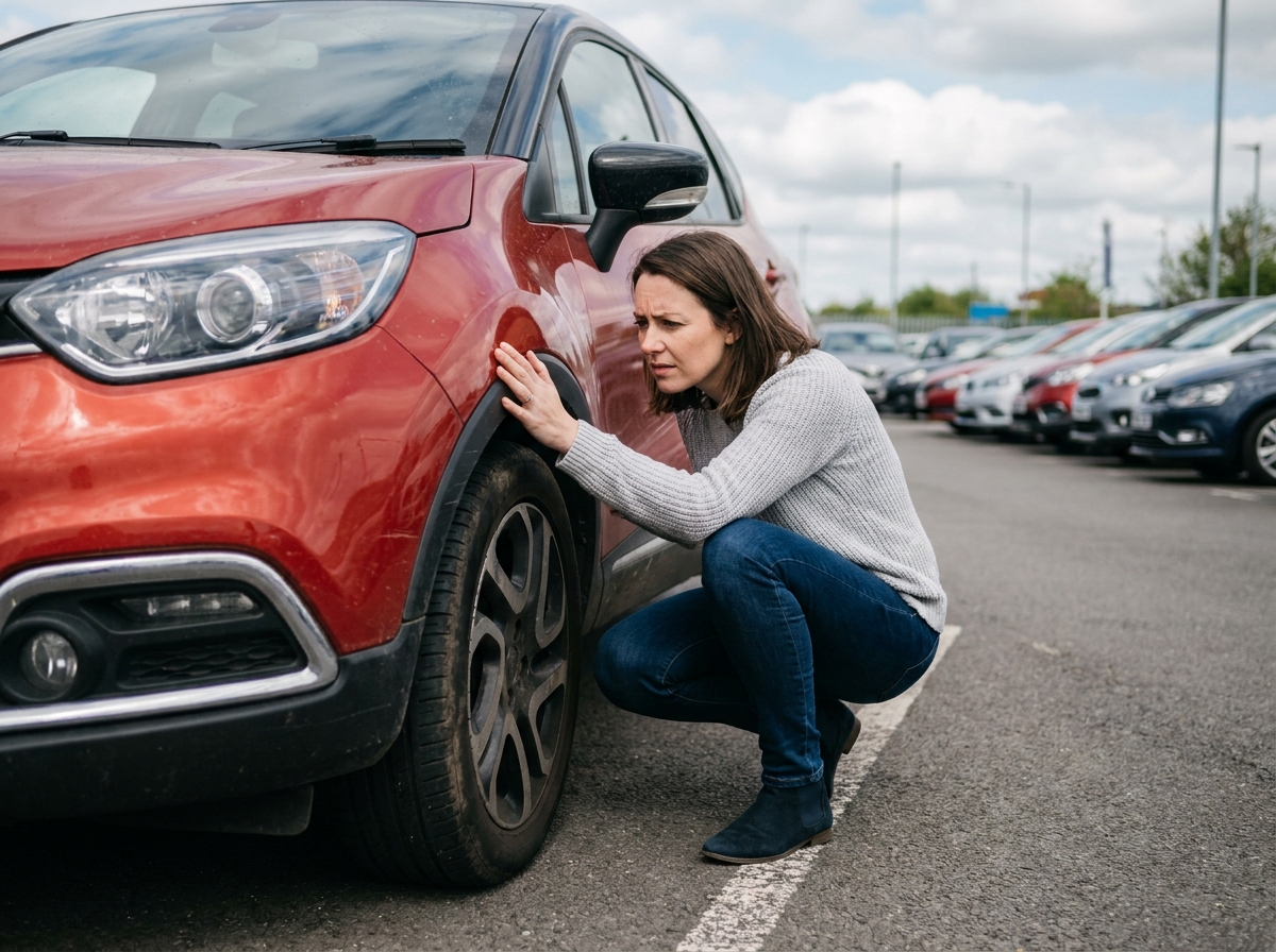 Femme inspectant la carrosserie d'une Renault Captur d'occasion dans un parc de véhicules de concession
