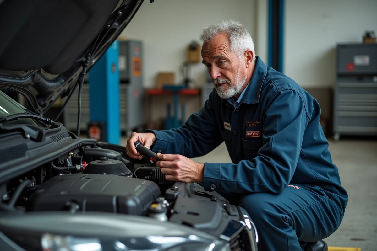 Mécanicien inspectant le moteur d'une voiture d'occasion dans un garage automobile avant achat
