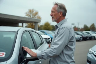 Un homme d'âge mûr inspecte attentivement une voiture d'occasion dans un parc automobile, illustration de la fiabilité d'un site de vente de voitures en ligne