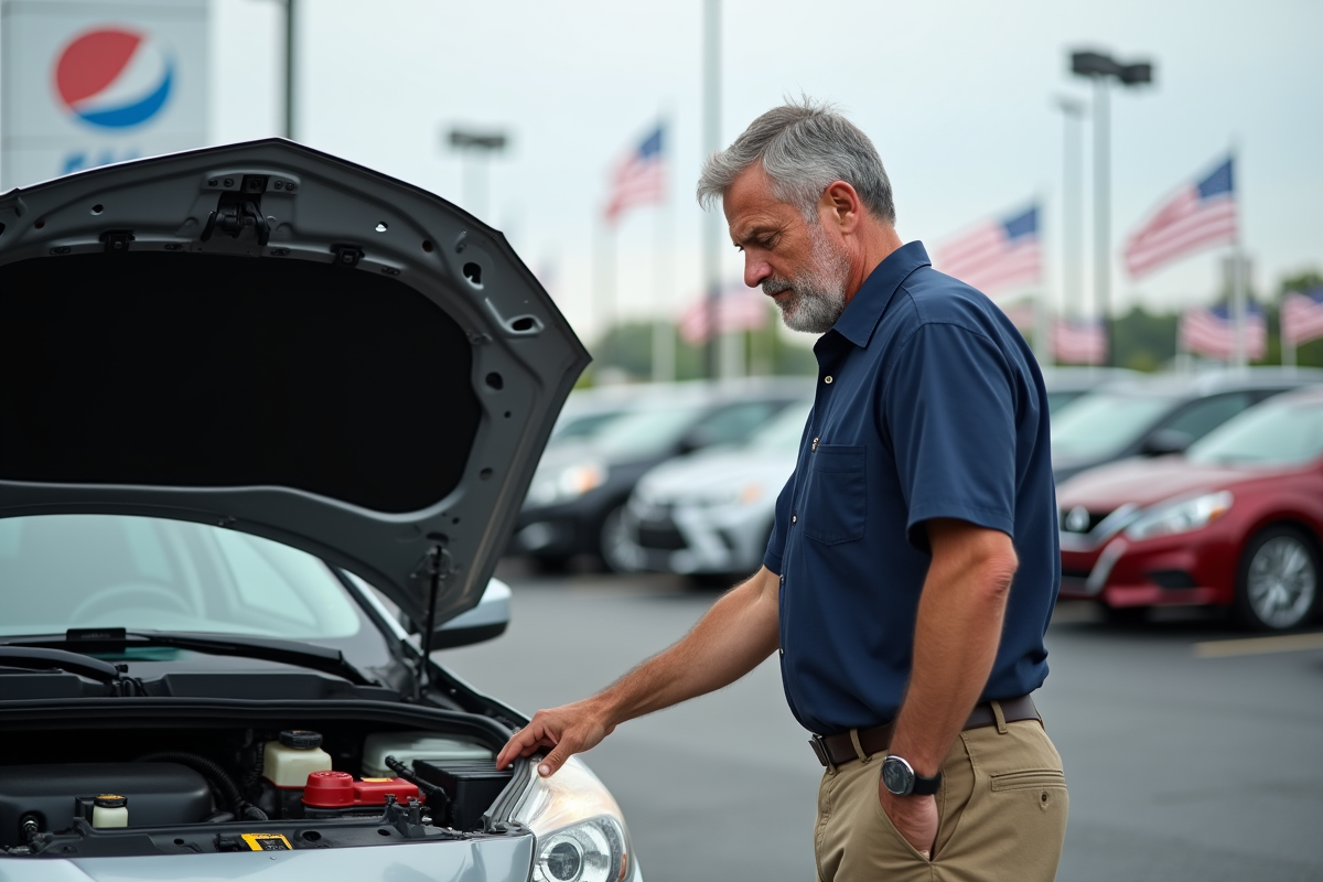 Homme inspectant une voiture d'occasion en concession