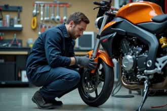 Mécanicien installant une durite aviation tressée en acier inoxydable sur un frein de moto dans un atelier professionnel