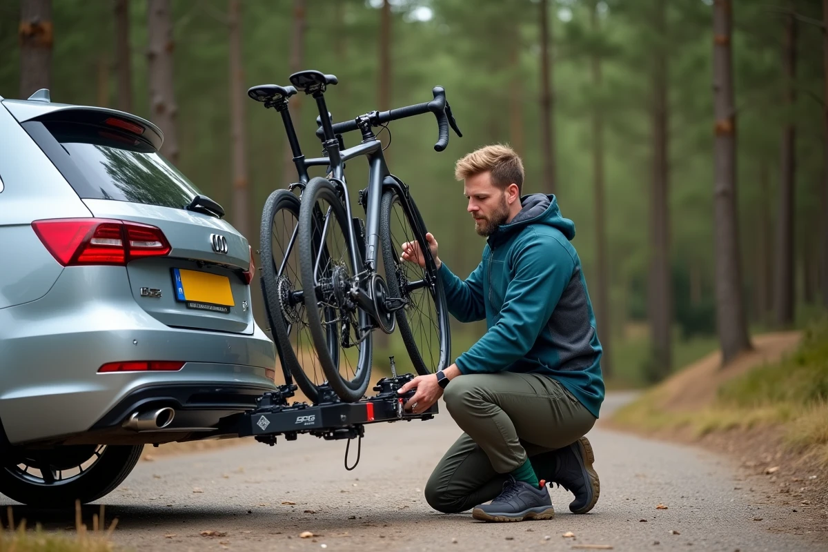 Homme installant un porte vélo attelage 4 vélos avec fixation de la plaque réglementaire sur un break garé en forêt