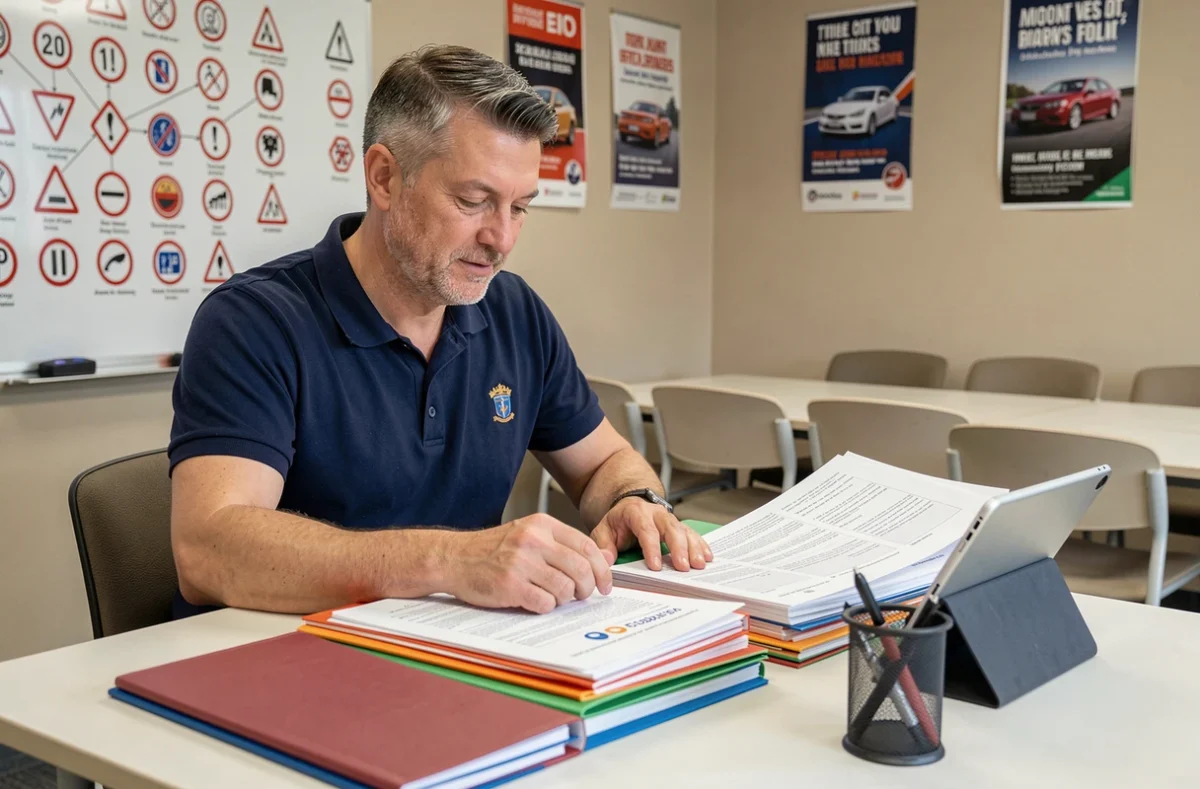 Instructeur d'auto-école préparant des fiches PDF de questions de permis de conduire dans une salle de cours équipée