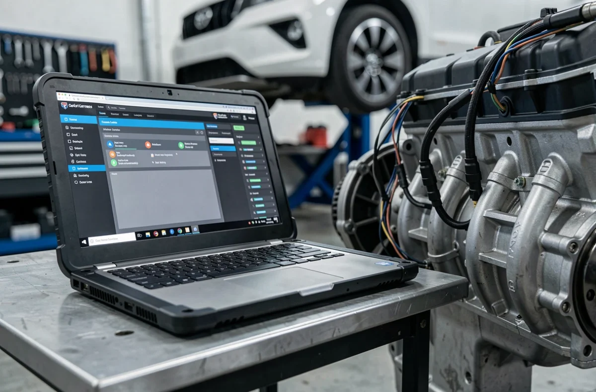 Interface logicielle de reprogrammation ECU affichée sur ordinateur portable posé sur un établi de garage à côté d'un moteur diesel