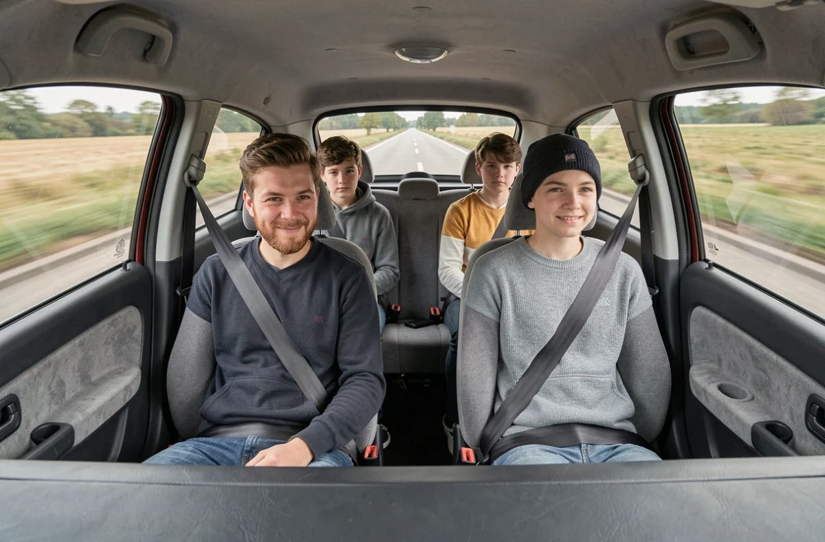 Intérieur d'une Ligier 4 places avec deux adultes à l'avant et deux adolescents à l'arrière sur une route de campagne française