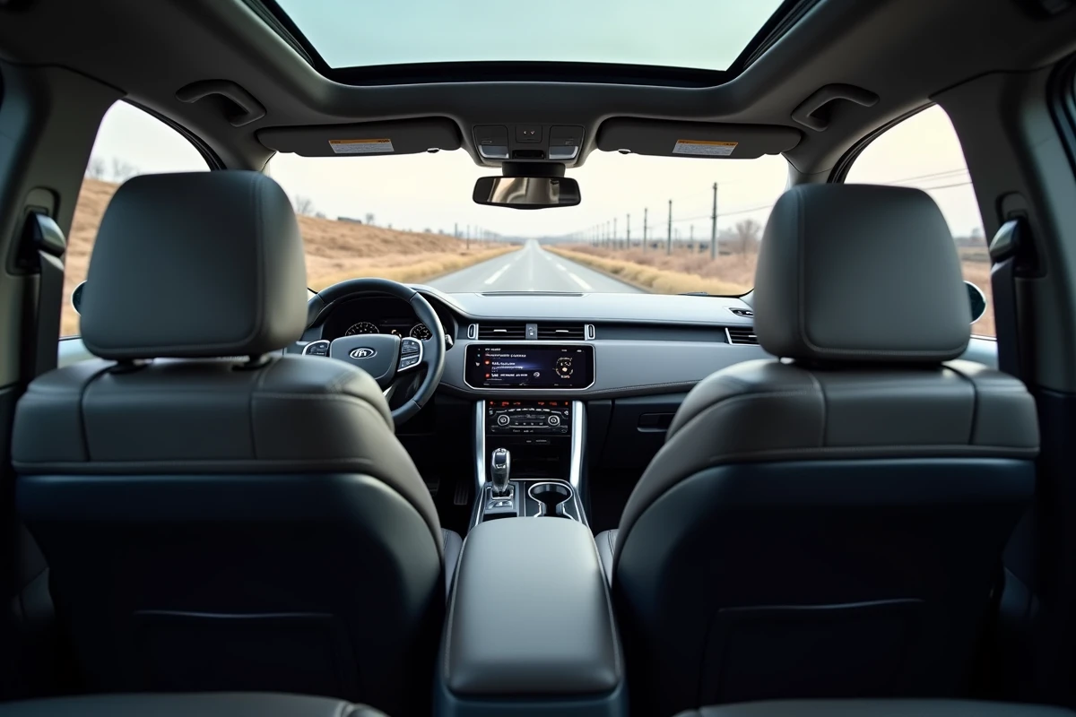 Intérieur spacieux d'un SUV familial gris graphite avec sièges en cuir, toit panoramique et écran tactile visible depuis la banquette arrière
