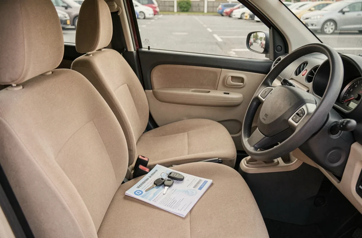 Intérieur d'une voiture sans permis 4 places d'occasion avec document de vente et clés posés sur le siège passager