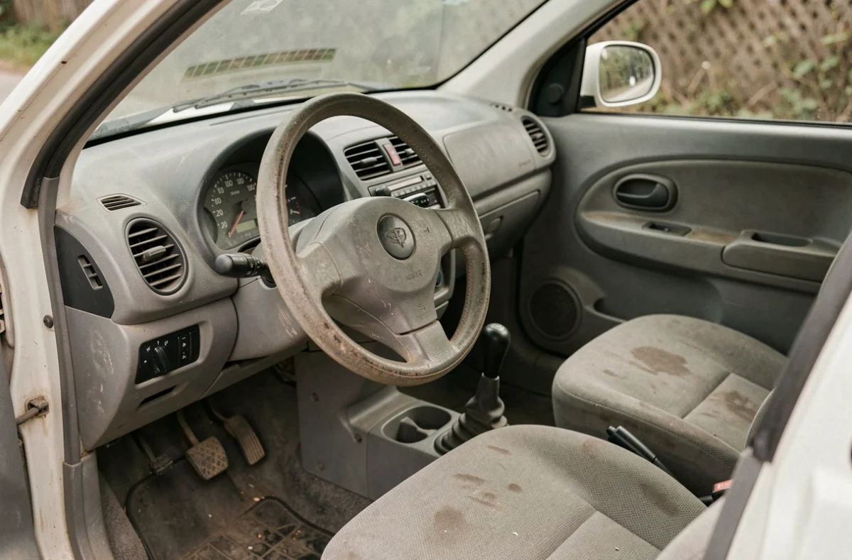 Intérieur d'occasion d'une voiture sans permis avec tableau de bord compact et volant usé