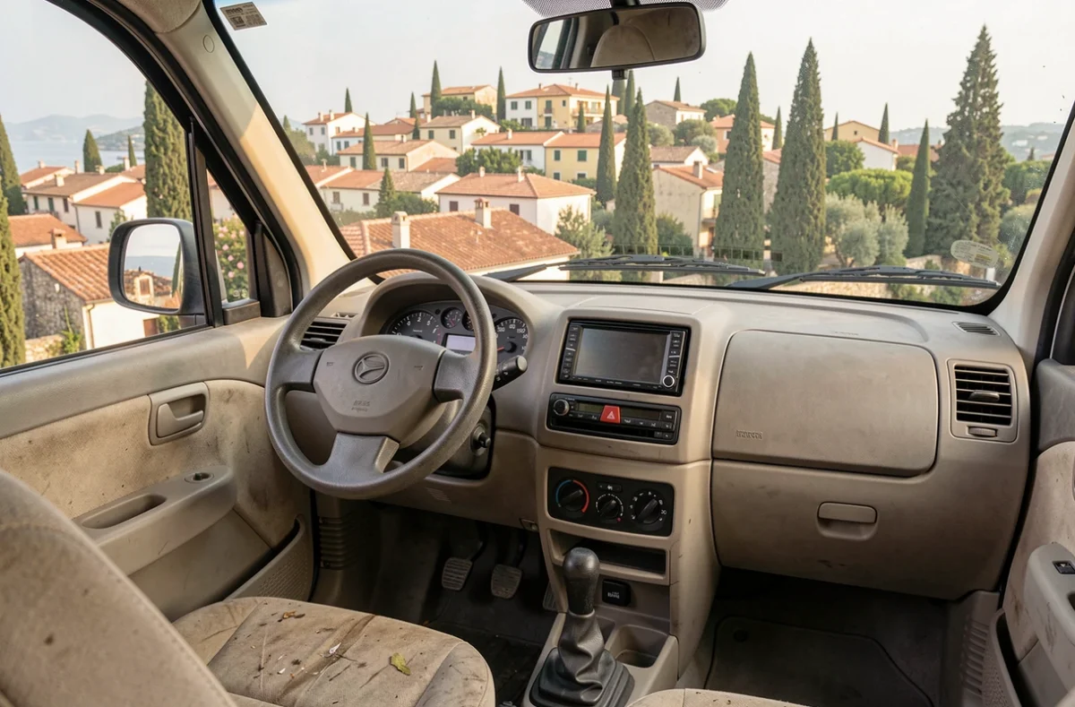 Intérieur d'une voiture sans permis d'occasion avec vue sur un village provençal des Alpes-Maritimes