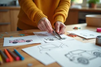 Femme préparant des invitations d'anniversaire avec des dessins de voitures à découper sur une table en bois